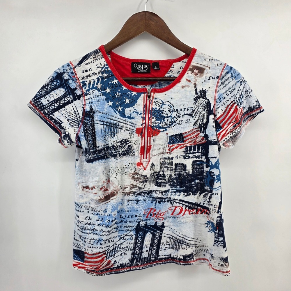 Onque Casual Womens‎ Small Patriotic NYC Graphic Tee Rhinestone Zip Neck Cotton